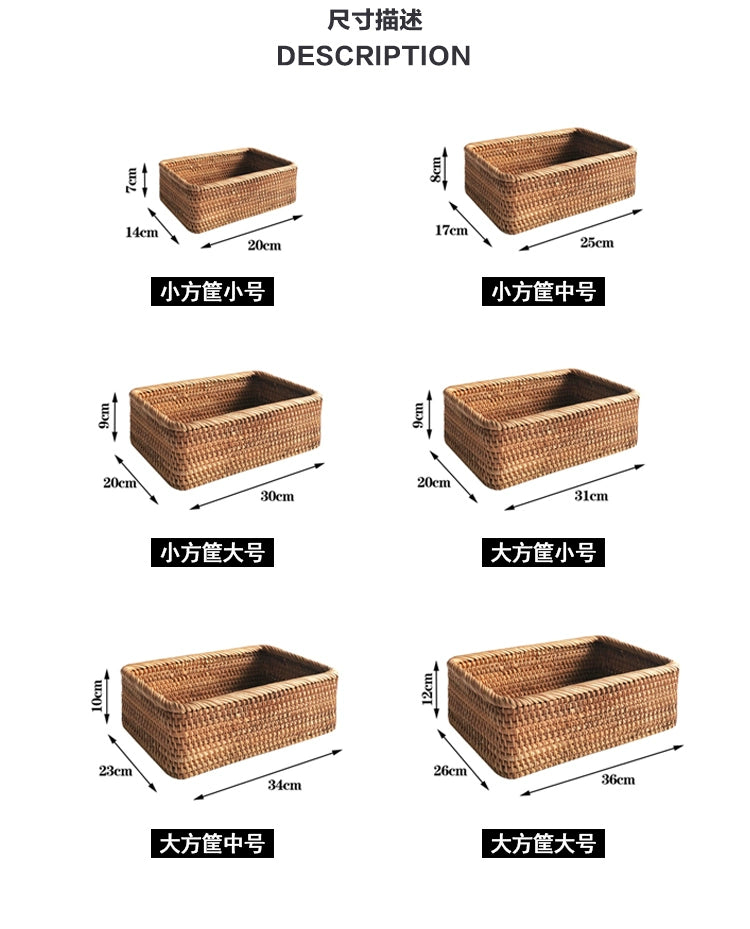 Cesta de mimbre tejida a mano, cesta de fruta, té, aperitivos, pan, caja de almacenamiento Rectangular para cosméticos, suministros de cocina para el hogar