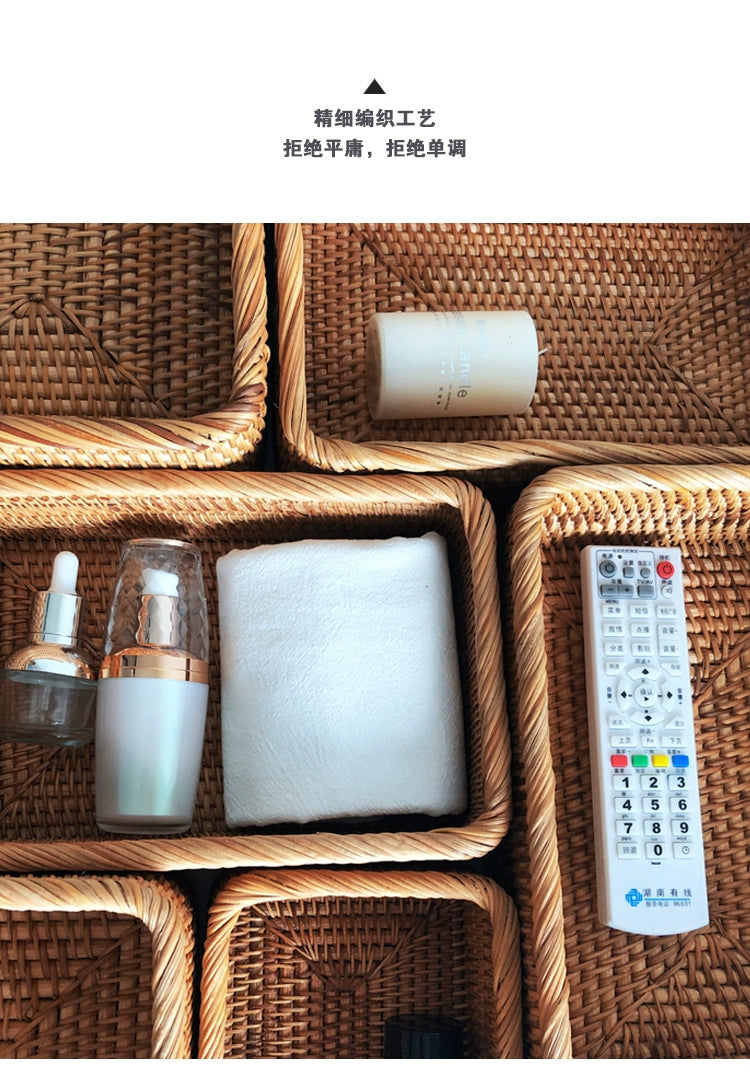 Cesta de mimbre tejida a mano, cesta de fruta, té, aperitivos, pan, caja de almacenamiento Rectangular para cosméticos, suministros de cocina para el hogar