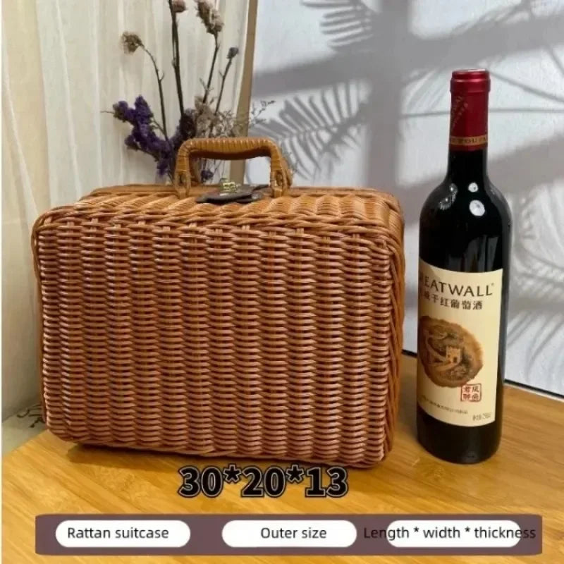 Maleta de mimbre Retro hecha a mano, cesta de almacenamiento de mimbre para Picnic, viaje, Camping, comida, aperitivos, contenedor de equipaje, maleta tejida de paja