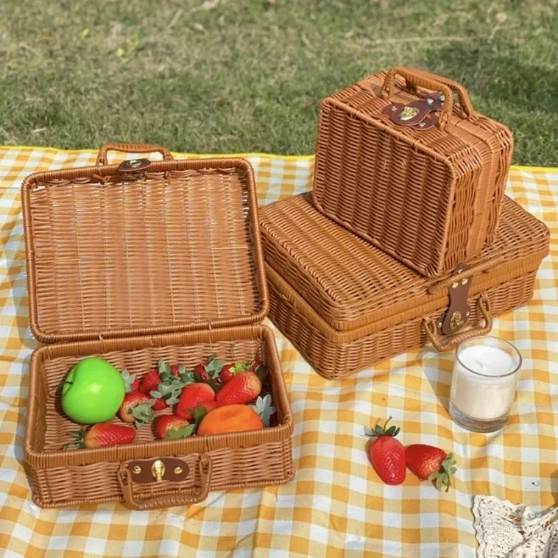 Maleta de mimbre Retro hecha a mano, cesta de almacenamiento de mimbre para Picnic, viaje, Camping, comida, aperitivos, contenedor de equipaje, maleta tejida de paja