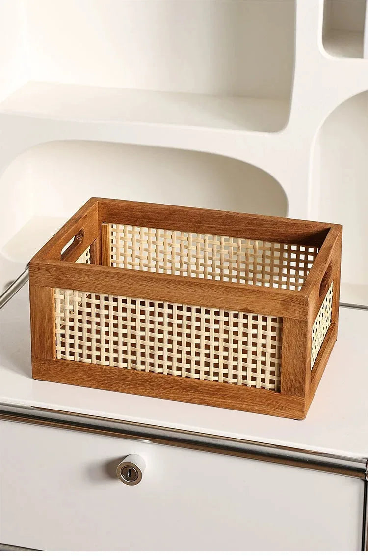 Caja de almacenamiento Retro de madera maciza, cesta de mimbre para escritorio, sala de estar, artículos diversos, libros, aperitivos, frutas, cajas organizadoras de cosméticos, decoración del hogar