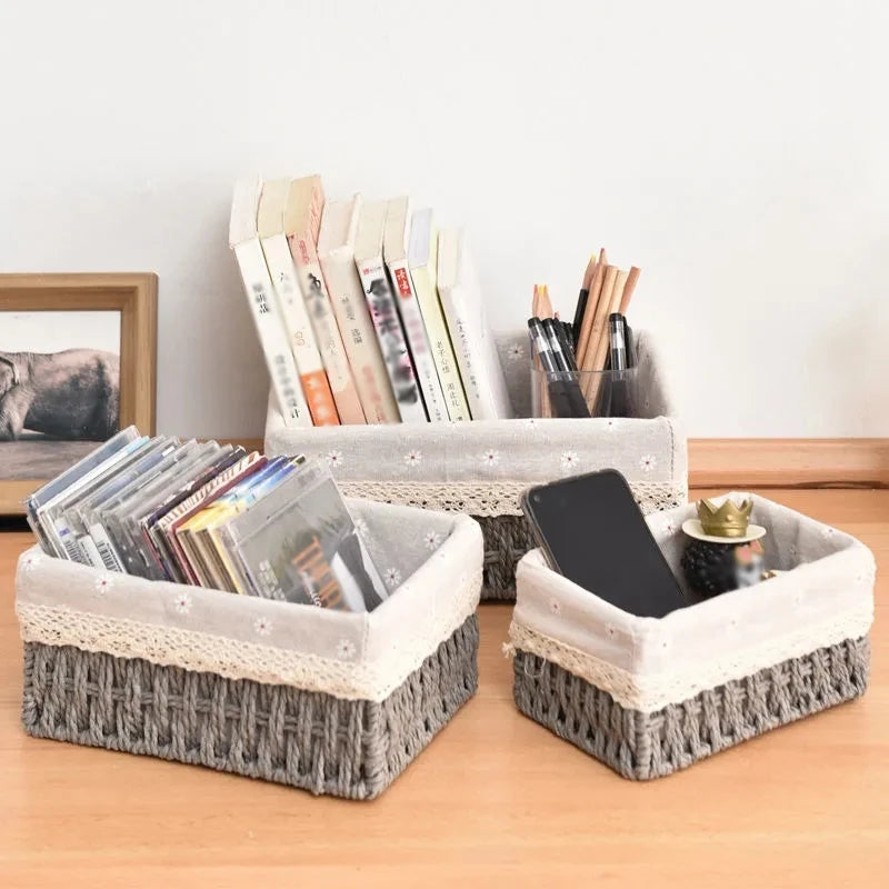 Cesta de almacenamiento de tela con tapa, cesta de almacenamiento tejida de escritorio, organizador de artículos diversos apilable, cesta de almacenamiento tejida de mimbre para el hogar