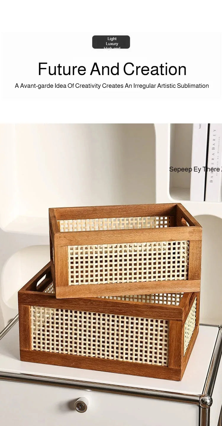 Caja de almacenamiento Retro de madera maciza, cesta de mimbre para escritorio, sala de estar, artículos diversos, libros, aperitivos, frutas, cajas organizadoras de cosméticos, decoración del hogar