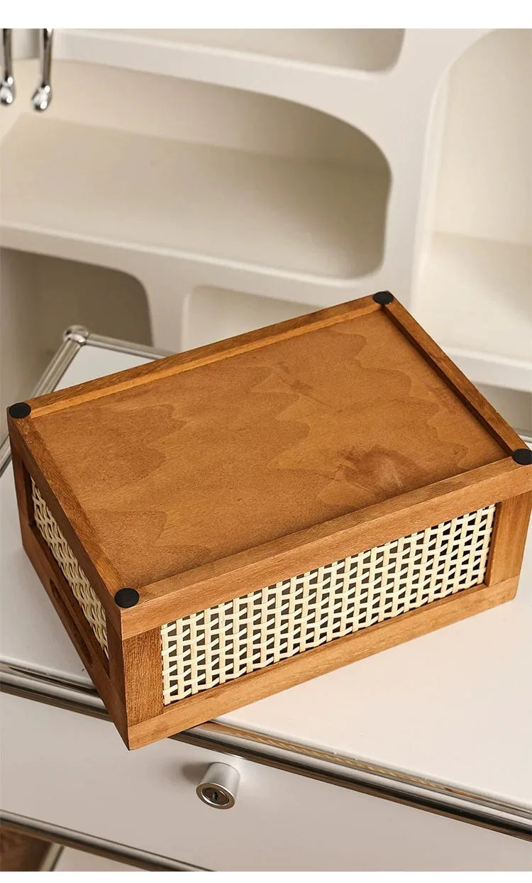 Caja de almacenamiento Retro de madera maciza, cesta de mimbre para escritorio, sala de estar, artículos diversos, libros, aperitivos, frutas, cajas organizadoras de cosméticos, decoración del hogar
