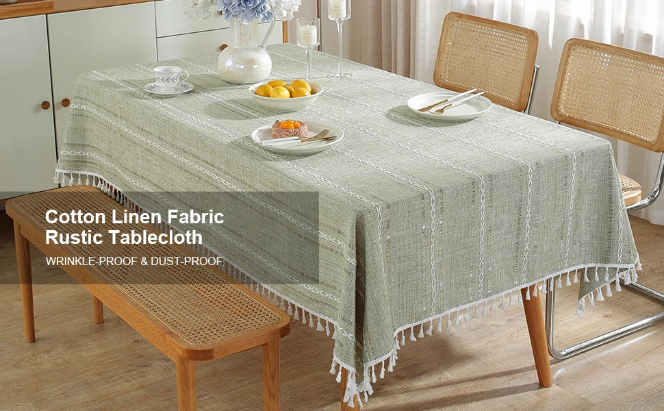 Mantel lino algodón con borlas · Mantel rectangular decorativo