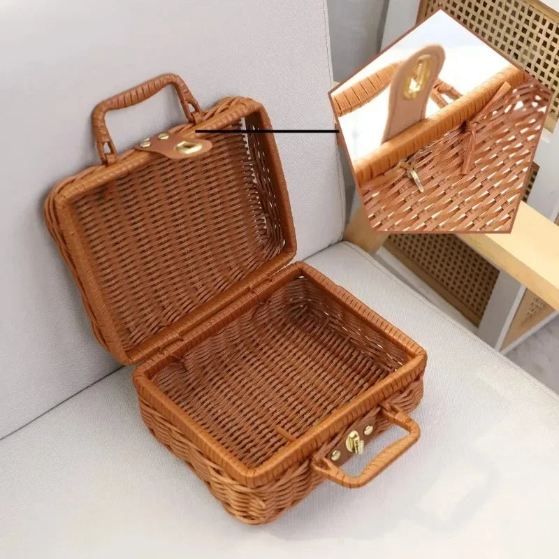 Maleta de mimbre Retro hecha a mano, cesta de almacenamiento de mimbre para Picnic, viaje, Camping, comida, aperitivos, contenedor de equipaje, maleta tejida de paja