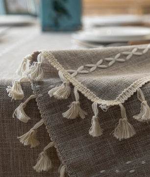 Mantel lino algodón con borlas · Mantel rectangular decorativo