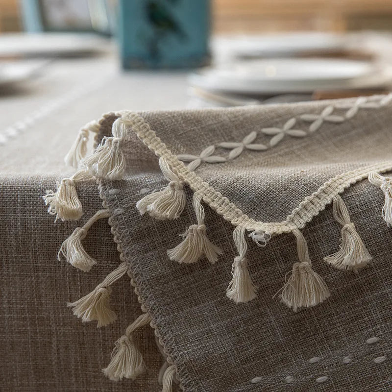 Mantel lino algodón con borlas · Mantel rectangular decorativo
