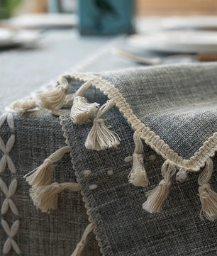 Mantel lino algodón con borlas · Mantel rectangular decorativo