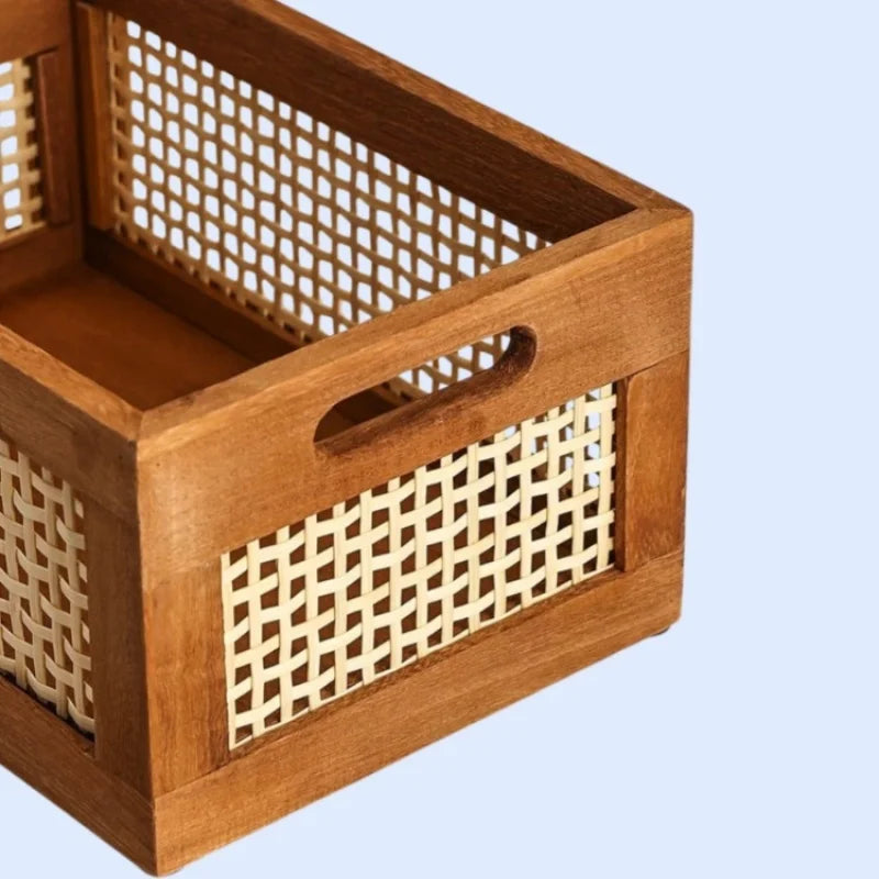 Caja de almacenamiento Retro de madera maciza, cesta de mimbre para escritorio, sala de estar, artículos diversos, libros, aperitivos, frutas, cajas organizadoras de cosméticos, decoración del hogar