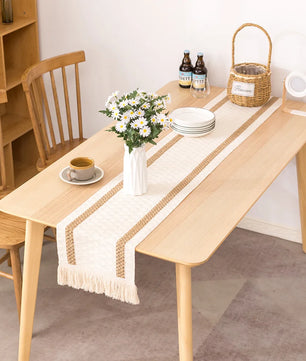 Camino de mesa algodón + lino con flecos · Decoración natural boho