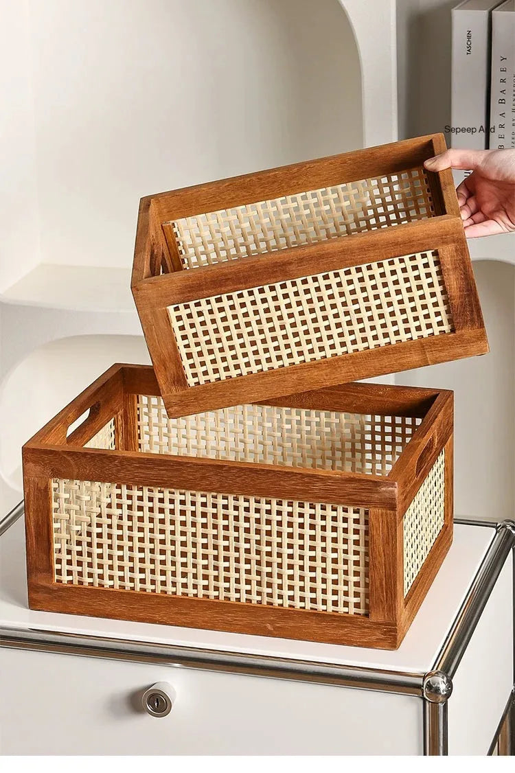 Caja de almacenamiento Retro de madera maciza, cesta de mimbre para escritorio, sala de estar, artículos diversos, libros, aperitivos, frutas, cajas organizadoras de cosméticos, decoración del hogar