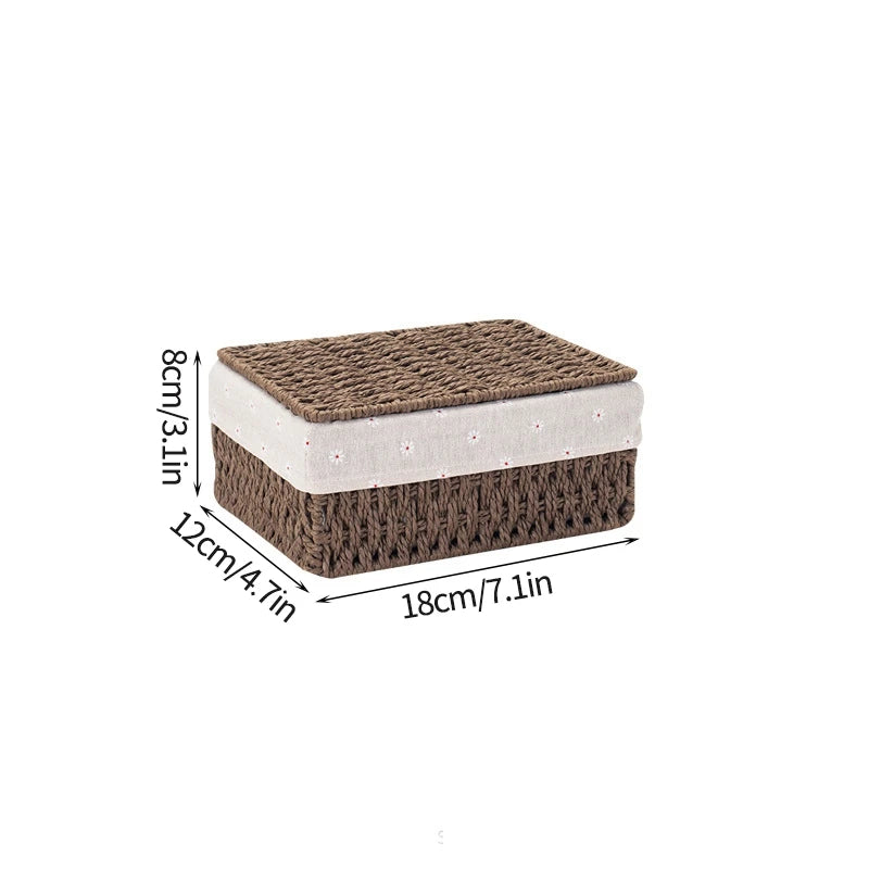 Cesta de almacenamiento de tela con tapa, cesta de almacenamiento tejida de escritorio, organizador de artículos diversos apilable, cesta de almacenamiento tejida de mimbre para el hogar
