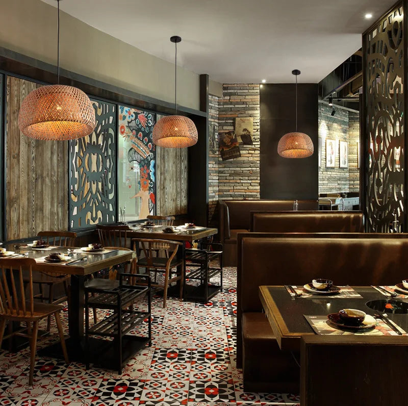 2025 Lámparas colgantes de bambú tejidas a mano estilo chino lámparas colgantes tejidas 26 cm restaurante decoración del hogar accesorios de iluminación caliente