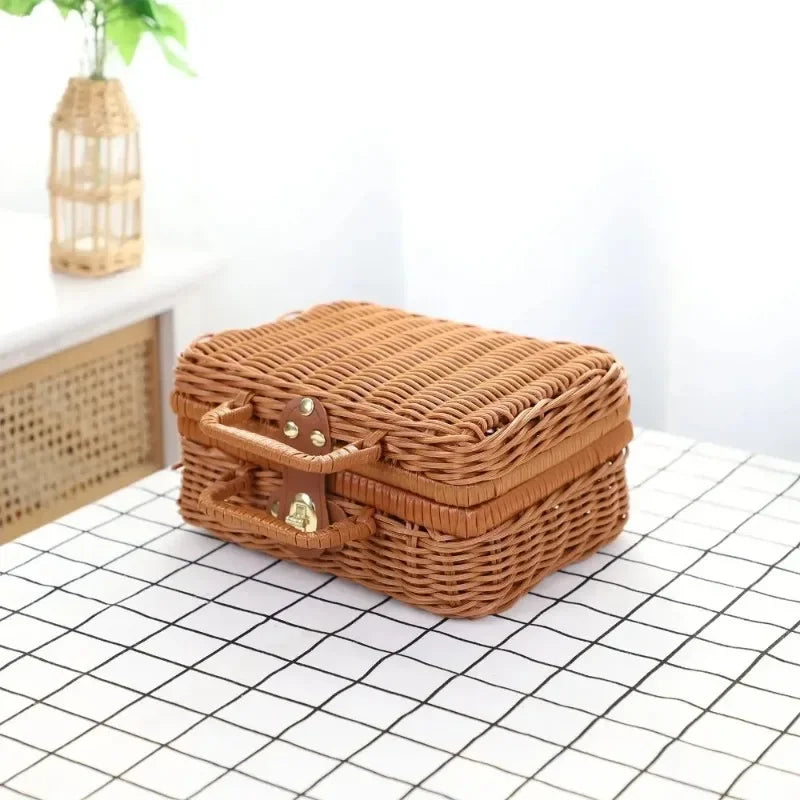 Maleta de mimbre Retro hecha a mano, cesta de almacenamiento de mimbre para Picnic, viaje, Camping, comida, aperitivos, contenedor de equipaje, maleta tejida de paja