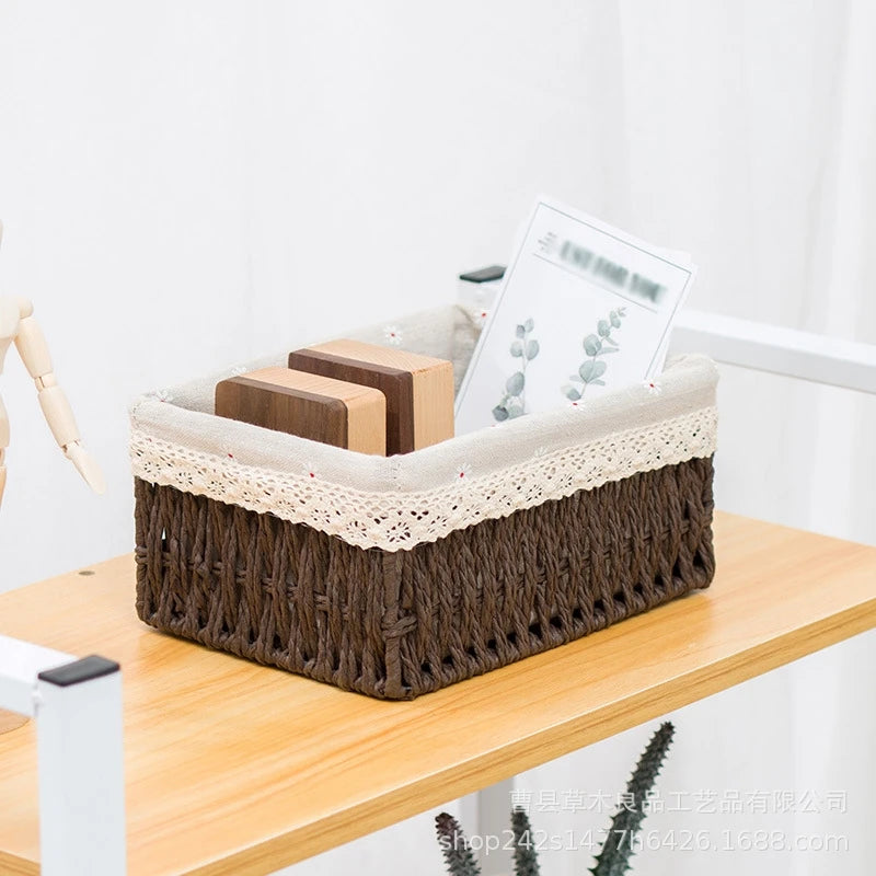 Cesta de almacenamiento de tela con tapa, cesta de almacenamiento tejida de escritorio, organizador de artículos diversos apilable, cesta de almacenamiento tejida de mimbre para el hogar