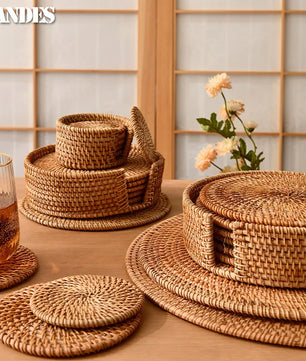 Posavasos e Individuales Marula Coil tejidos de ratán · Set decorativo apilable