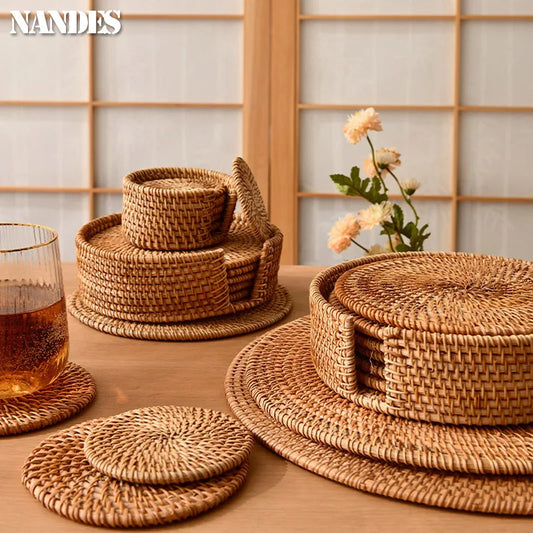 Posavasos e Individuales Marula Coil tejidos de ratán · Set decorativo apilable