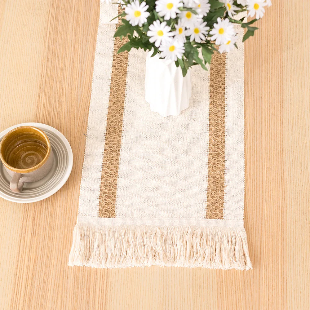 Camino de mesa algodón + lino con flecos · Decoración natural boho