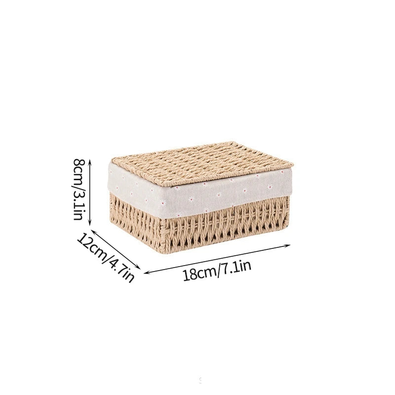 Cesta de almacenamiento de tela con tapa, cesta de almacenamiento tejida de escritorio, organizador de artículos diversos apilable, cesta de almacenamiento tejida de mimbre para el hogar