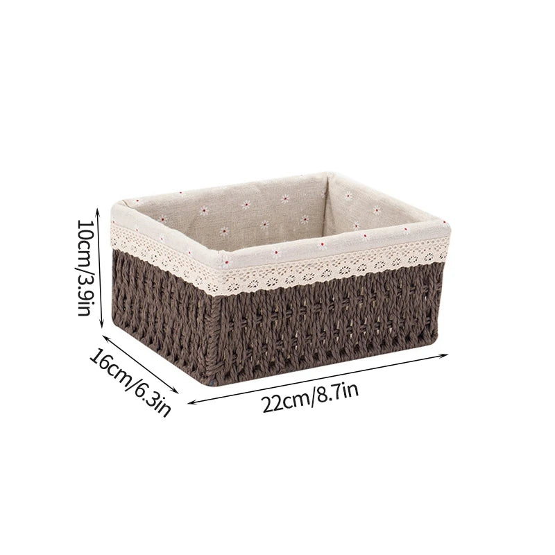 Cesta de almacenamiento de tela con tapa, cesta de almacenamiento tejida de escritorio, organizador de artículos diversos apilable, cesta de almacenamiento tejida de mimbre para el hogar