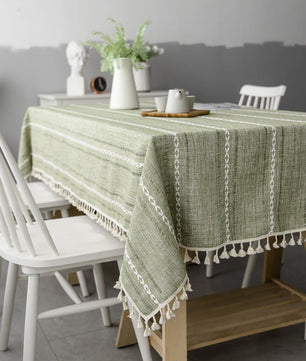 Mantel lino algodón con borlas · Mantel rectangular decorativo