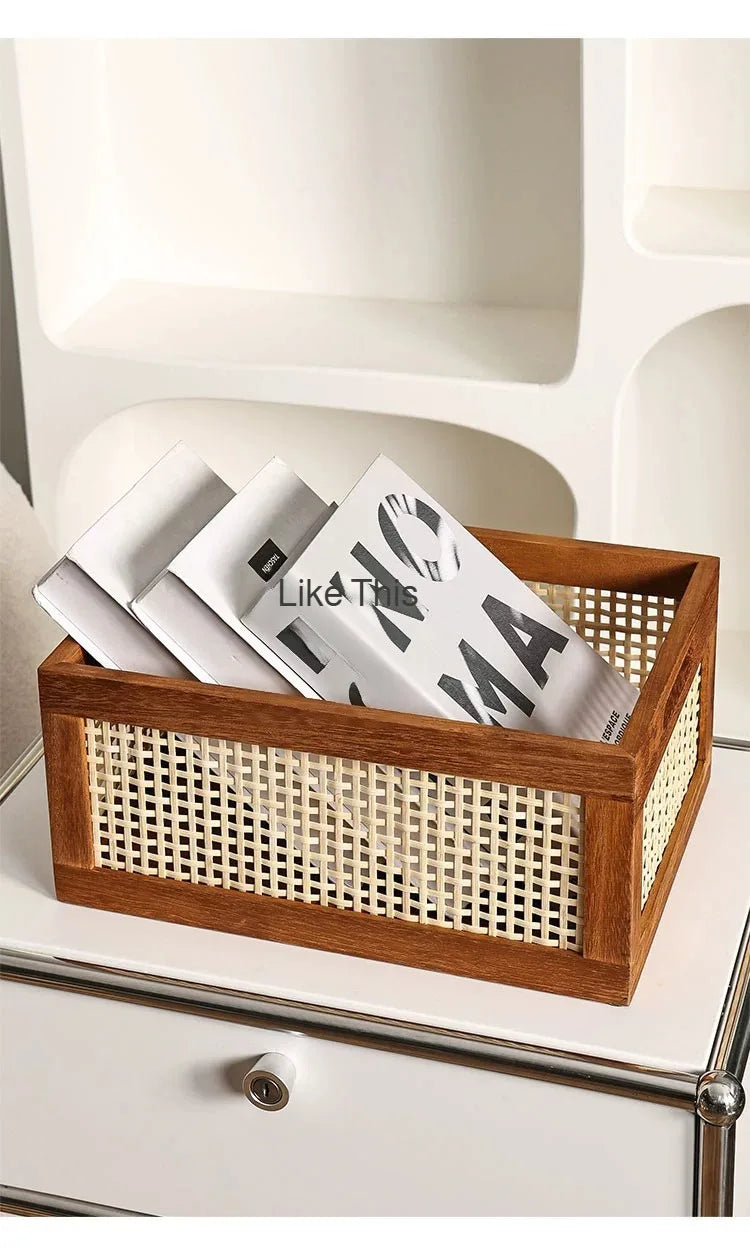 Caja de almacenamiento Retro de madera maciza, cesta de mimbre para escritorio, sala de estar, artículos diversos, libros, aperitivos, frutas, cajas organizadoras de cosméticos, decoración del hogar