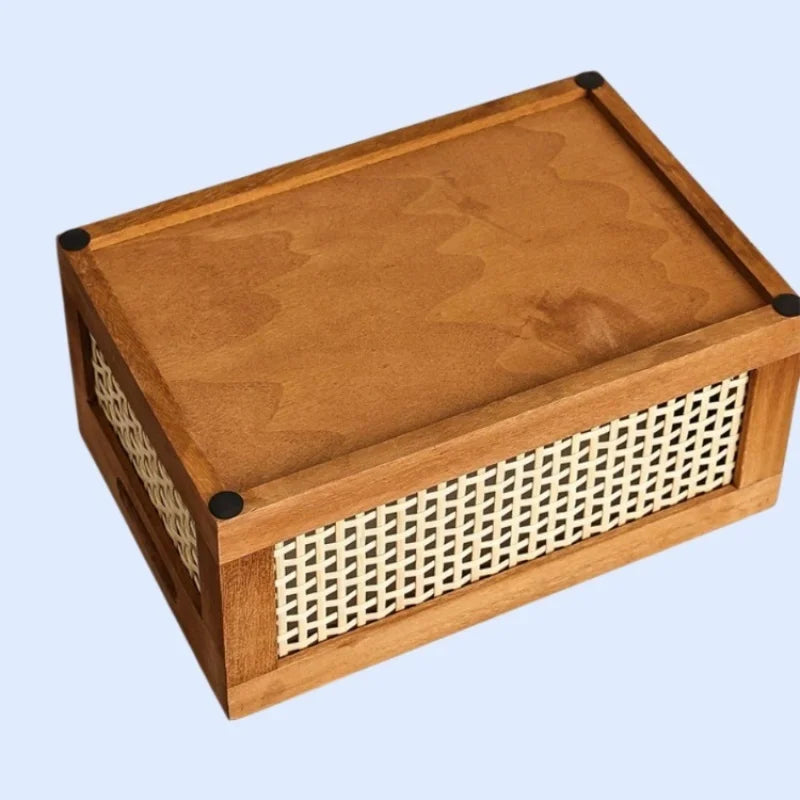 Caja de almacenamiento Retro de madera maciza, cesta de mimbre para escritorio, sala de estar, artículos diversos, libros, aperitivos, frutas, cajas organizadoras de cosméticos, decoración del hogar
