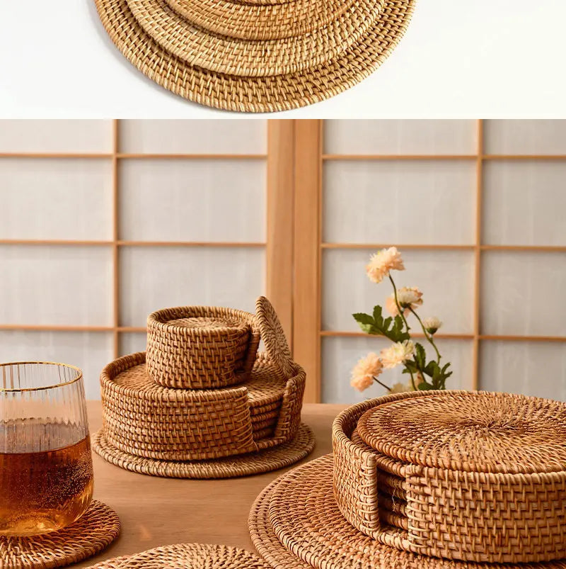 Posavasos e Individuales Marula Coil tejidos de ratán · Set decorativo apilable
