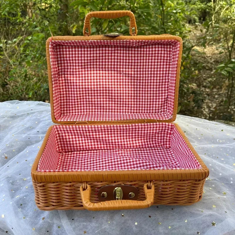 Maleta de mimbre Retro hecha a mano, cesta de almacenamiento de mimbre para Picnic, viaje, Camping, comida, aperitivos, contenedor de equipaje, maleta tejida de paja