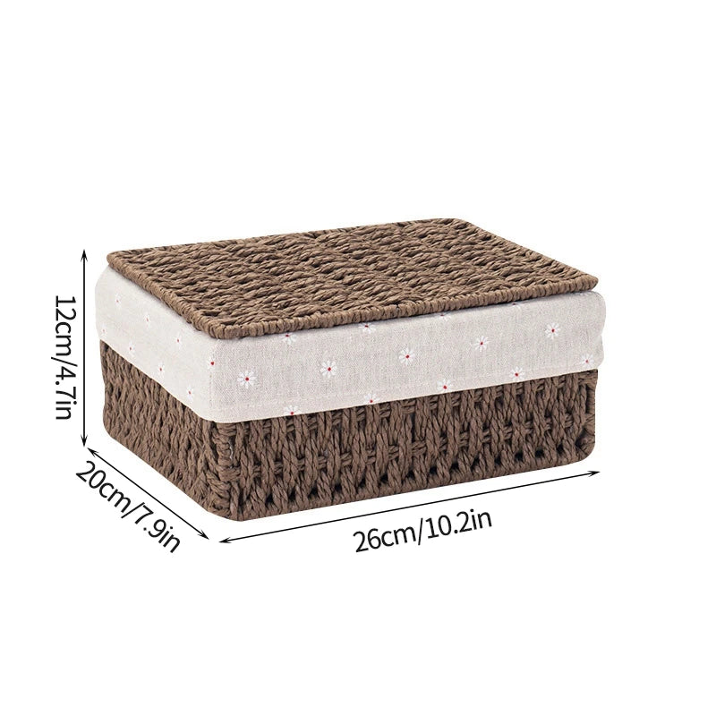 Cesta de almacenamiento de tela con tapa, cesta de almacenamiento tejida de escritorio, organizador de artículos diversos apilable, cesta de almacenamiento tejida de mimbre para el hogar