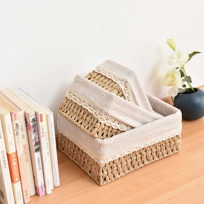 Cesta de almacenamiento de tela con tapa, cesta de almacenamiento tejida de escritorio, organizador de artículos diversos apilable, cesta de almacenamiento tejida de mimbre para el hogar