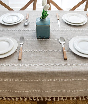 Mantel lino algodón con borlas · Mantel rectangular decorativo