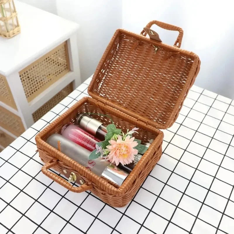 Maleta de mimbre Retro hecha a mano, cesta de almacenamiento de mimbre para Picnic, viaje, Camping, comida, aperitivos, contenedor de equipaje, maleta tejida de paja