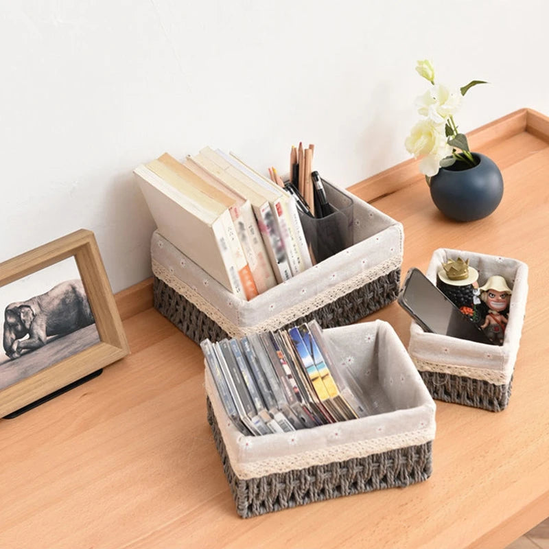 Cesta de almacenamiento de tela con tapa, cesta de almacenamiento tejida de escritorio, organizador de artículos diversos apilable, cesta de almacenamiento tejida de mimbre para el hogar