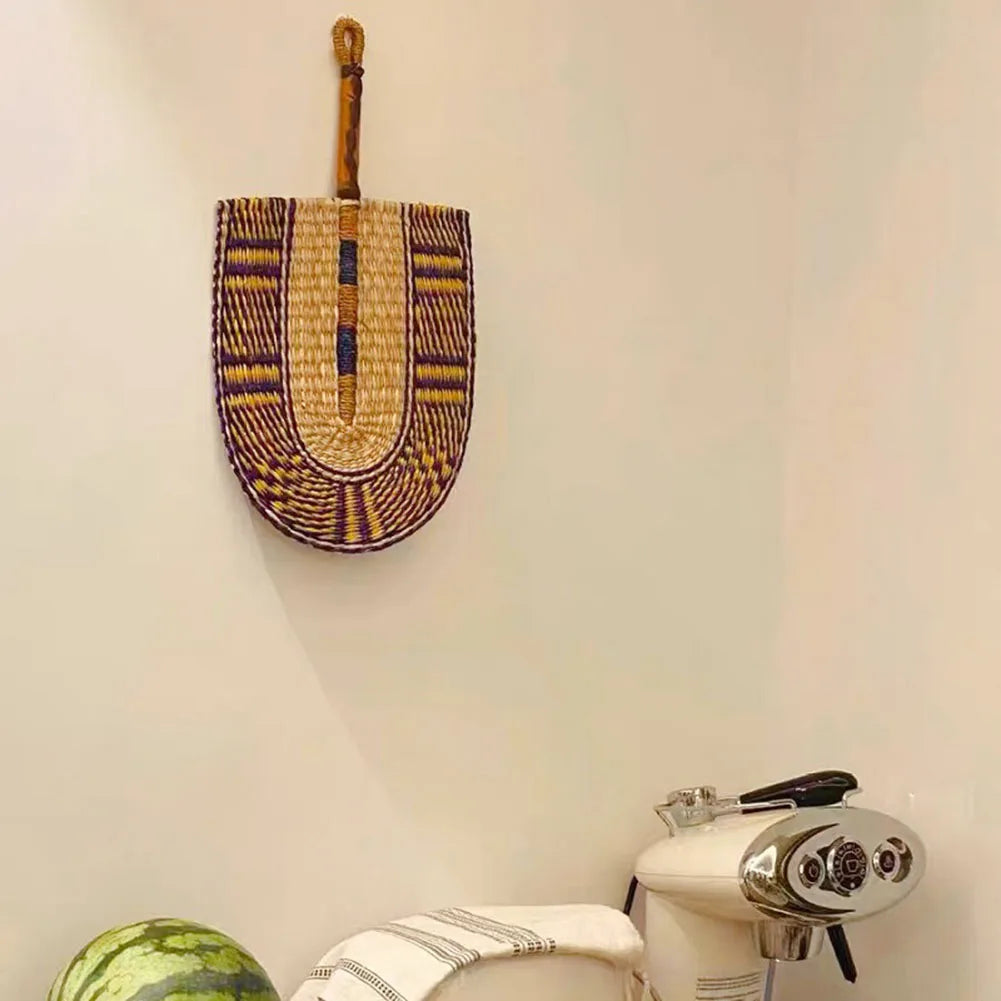 Abanico tejido de algas marinas para decoración de pared, abanico de paja de mano resistente, estilo nórdico, africano, portátil, ideal para fiesta