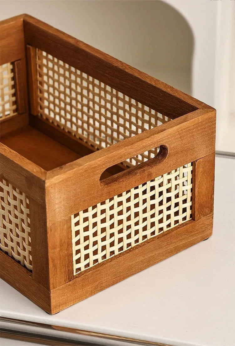 Caja de almacenamiento Retro de madera maciza, cesta de mimbre para escritorio, sala de estar, artículos diversos, libros, aperitivos, frutas, cajas organizadoras de cosméticos, decoración del hogar