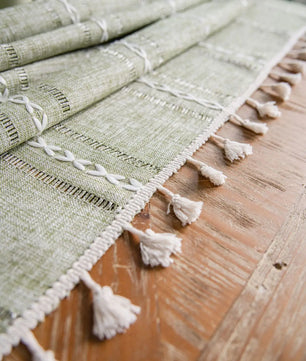 Mantel lino algodón con borlas · Mantel rectangular decorativo