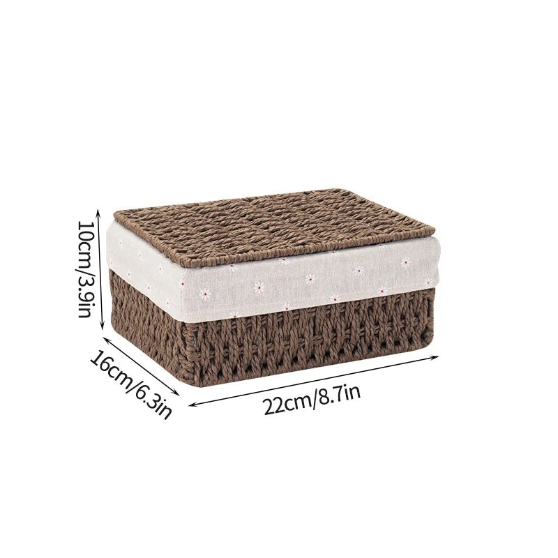 Cesta de almacenamiento de tela con tapa, cesta de almacenamiento tejida de escritorio, organizador de artículos diversos apilable, cesta de almacenamiento tejida de mimbre para el hogar