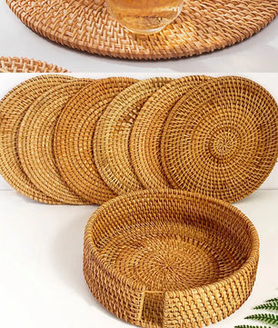 Posavasos e Individuales Marula Coil tejidos de ratán · Set decorativo apilable