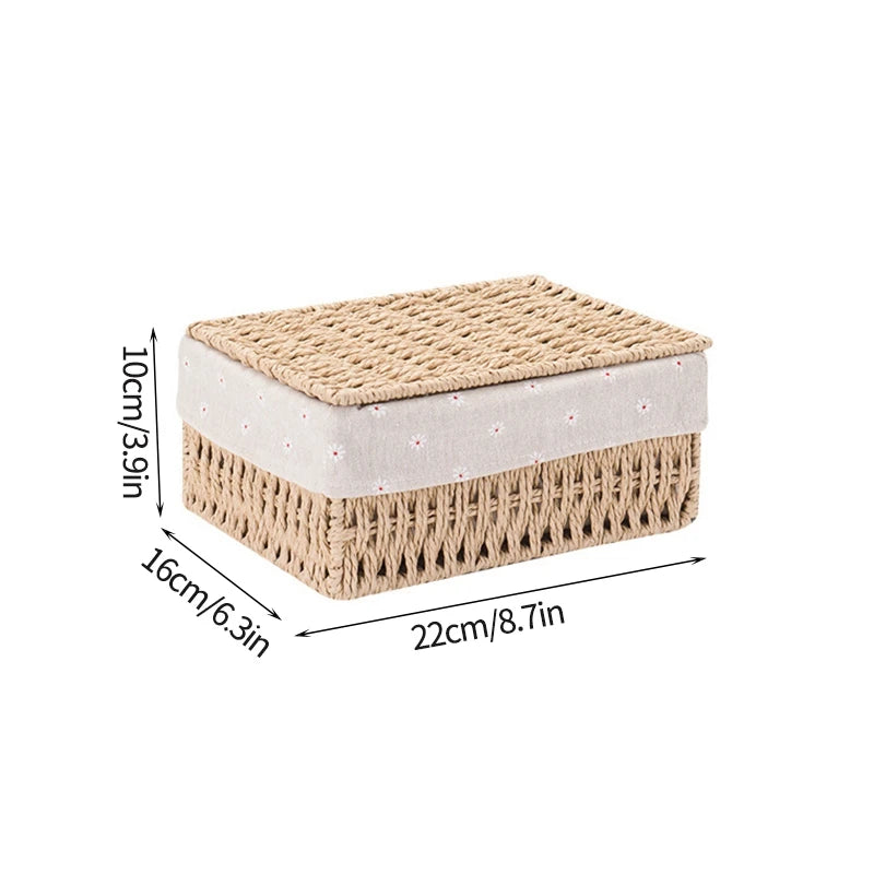Cesta de almacenamiento de tela con tapa, cesta de almacenamiento tejida de escritorio, organizador de artículos diversos apilable, cesta de almacenamiento tejida de mimbre para el hogar