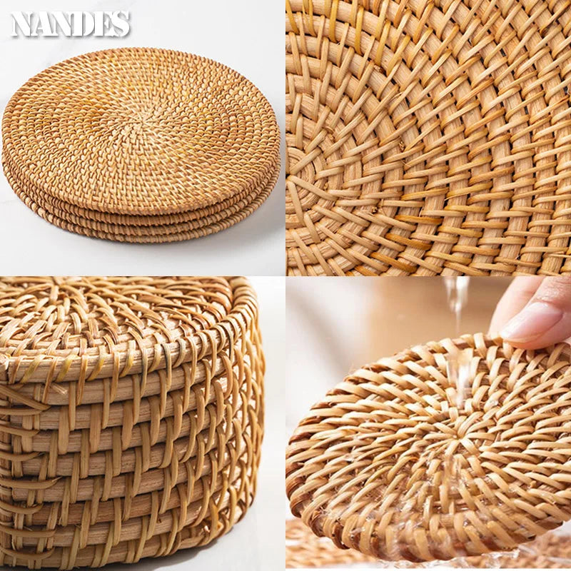 Posavasos e Individuales Marula Coil tejidos de ratán · Set decorativo apilable
