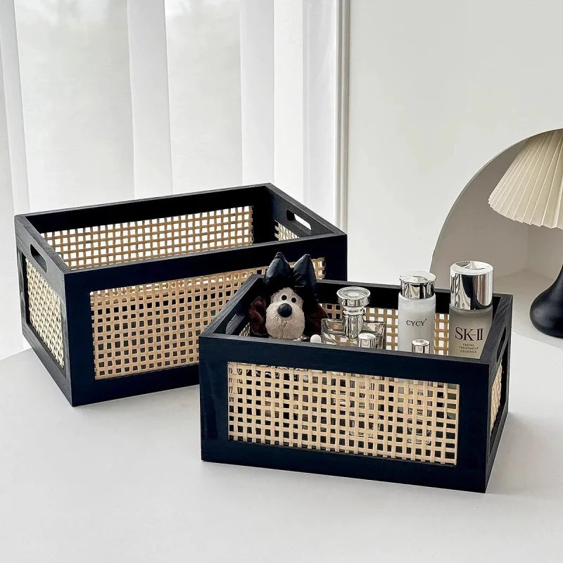 Caja de almacenamiento Retro de madera maciza, cesta de mimbre para escritorio, sala de estar, artículos diversos, libros, aperitivos, frutas, cajas organizadoras de cosméticos, decoración del hogar