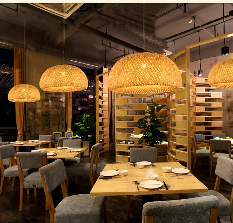 2025 Lámparas colgantes de bambú tejidas a mano estilo chino lámparas colgantes tejidas 26 cm restaurante decoración del hogar accesorios de iluminación caliente