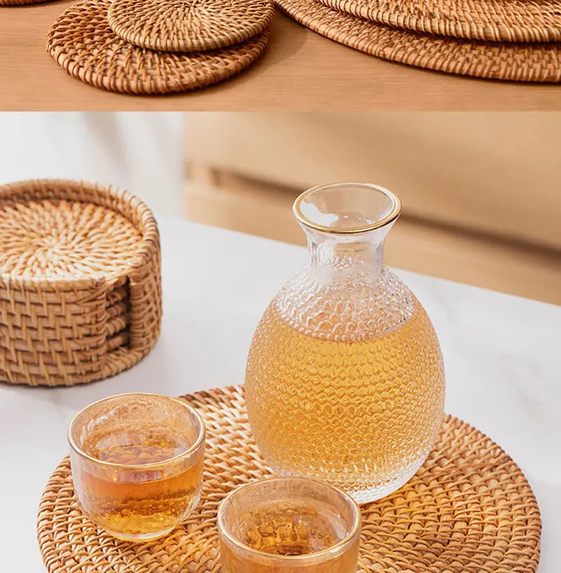 Posavasos e Individuales Marula Coil tejidos de ratán · Set decorativo apilable