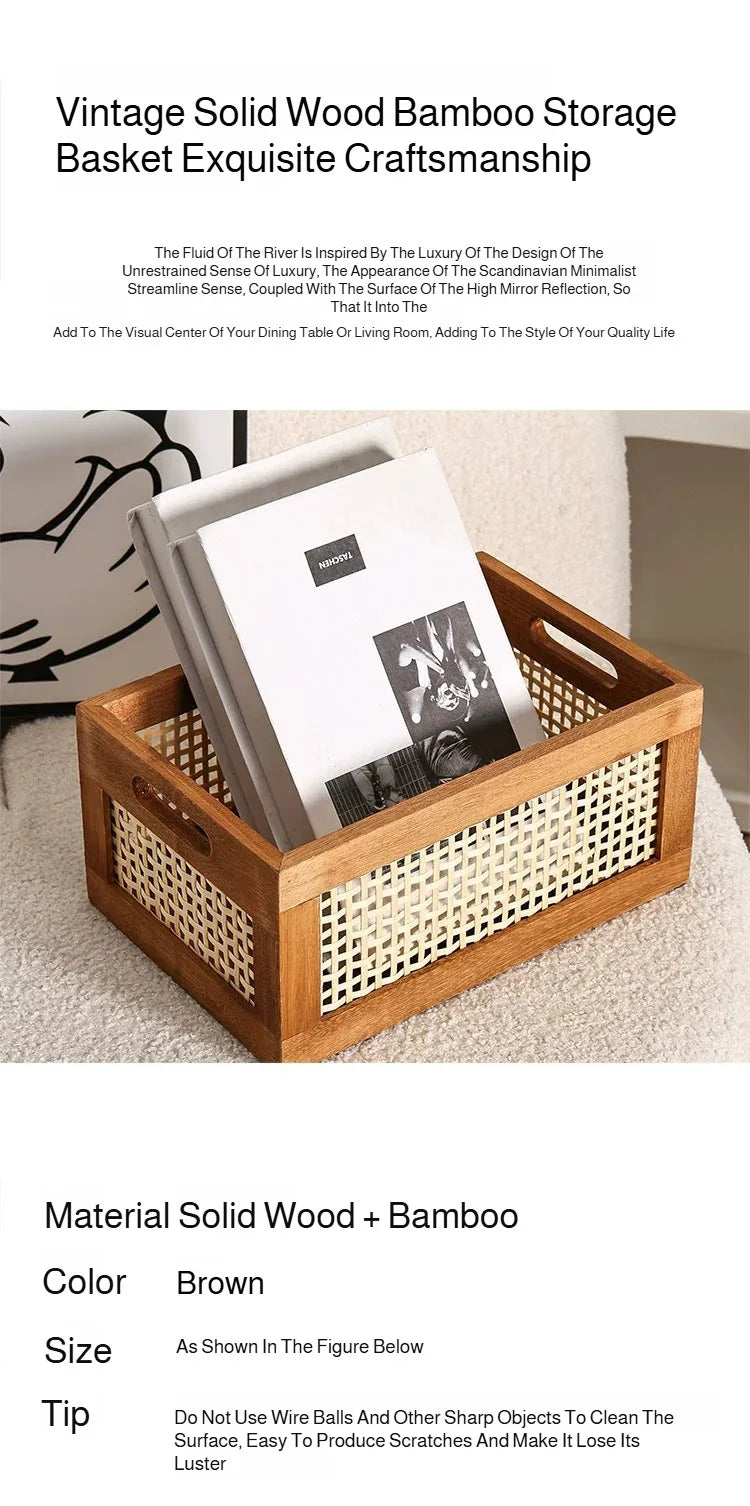 Caja de almacenamiento Retro de madera maciza, cesta de mimbre para escritorio, sala de estar, artículos diversos, libros, aperitivos, frutas, cajas organizadoras de cosméticos, decoración del hogar
