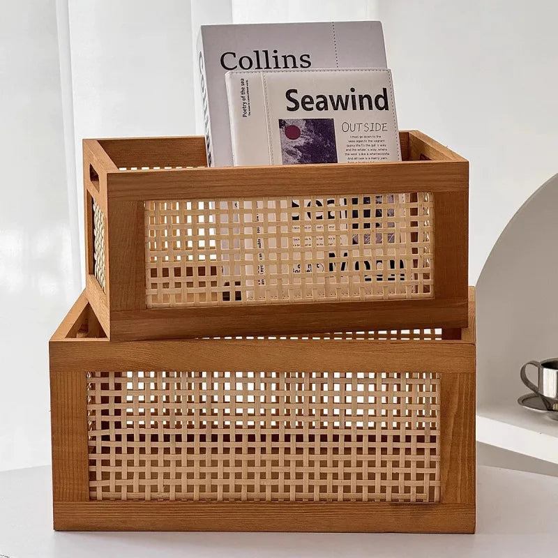 Caja de almacenamiento Retro de madera maciza, cesta de mimbre para escritorio, sala de estar, artículos diversos, libros, aperitivos, frutas, cajas organizadoras de cosméticos, decoración del hogar