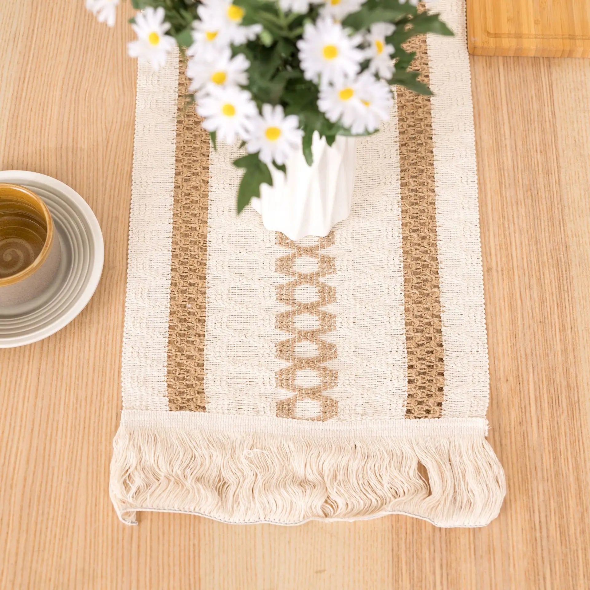 Camino de mesa algodón + lino con flecos · Decoración natural boho