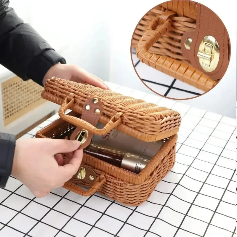 Maleta de mimbre Retro hecha a mano, cesta de almacenamiento de mimbre para Picnic, viaje, Camping, comida, aperitivos, contenedor de equipaje, maleta tejida de paja