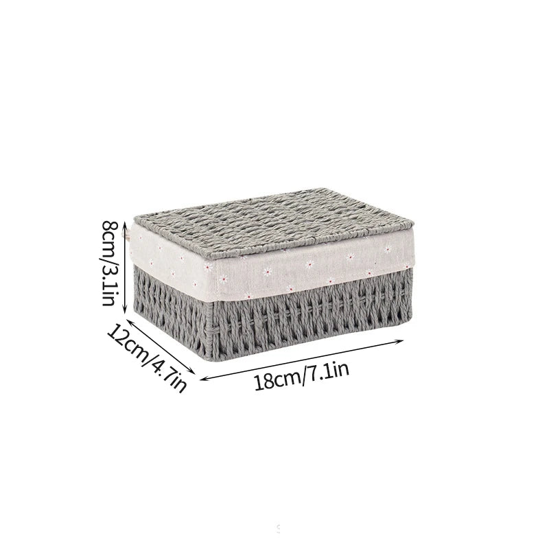 Cesta de almacenamiento de tela con tapa, cesta de almacenamiento tejida de escritorio, organizador de artículos diversos apilable, cesta de almacenamiento tejida de mimbre para el hogar